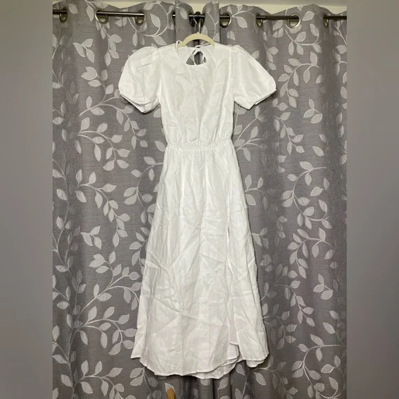white linen high neck dress Mandalay High Neck Long Sleeve Waistband Dress White